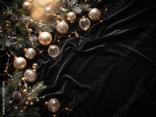 Gold Christmas ornaments and evergreen branches on black velvet fabric