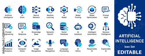 Artificial Intelligence, Machine Learning, and Neural Network Icon Set for Future Technology and Data Science Projects.