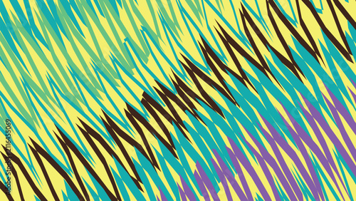 Foto Dynamic textured background with sharp overlapping diagonal sawtooth stripes in vibrant yellow cyan and deep purple summer tropical vibes