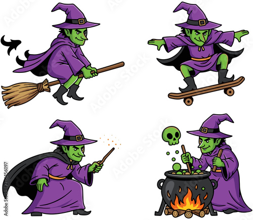 Vector cartoon set of a green witch flying on a broom, riding a skateboard, casting spells, and cooking a potion.
