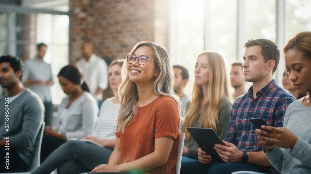 Obraz premium Smiling woman and a diverse group of people attending an educational seminar.