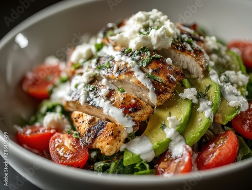 Grilled chicken salad with avocado tomato and feta cheese in a bowl close up shot healthy food diet balanced meal