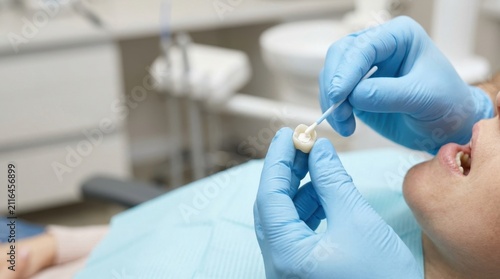 Dentist applying temporary cement to a dental crown. Hands in blue gloves holding artificial tooth and applicator brush. Prosthodontic restoration procedure