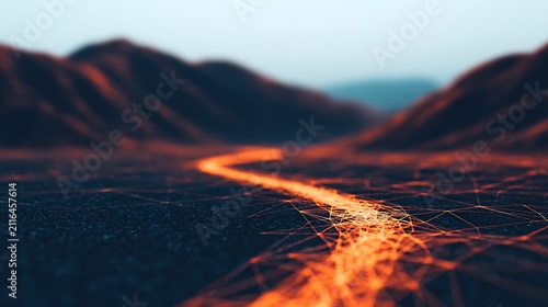 A glowing, fiery line resembling molten lava flows through a dark, cracked landscape with blurred mountains in the background.