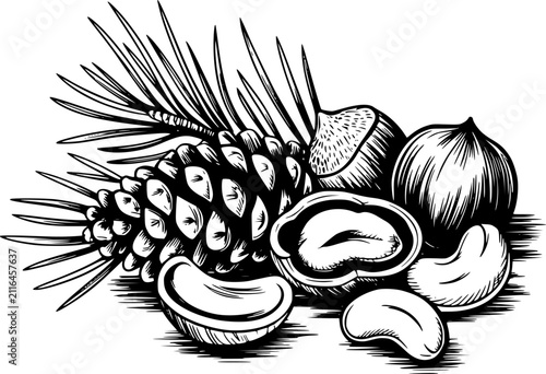 Konstfotografi Vintage de piña de pino, avellanas y anacardos con agujas de pino