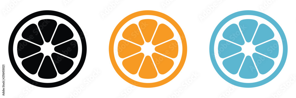 Fototapeta premium Orange slice shape set, grapefruit black symbol collection with mandarin elements, vibrant citrus fruit illustrations for summer promotions and healthy living design.