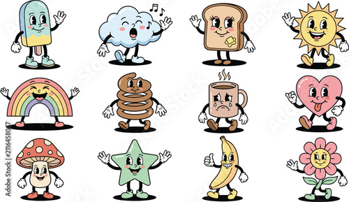Retro cartoon mascot vector sticker set featuring vintage rubber hose style characters including food sun star mushroom and cute heartKeywords