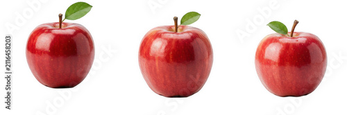 Fresh Red Apples Assortment with Glossy Peels, Green Leaves, and Stems Isolated on White Background, Sweet Fruit for Healthy Diets, Snack Concepts, and Refreshing Organic Food Design