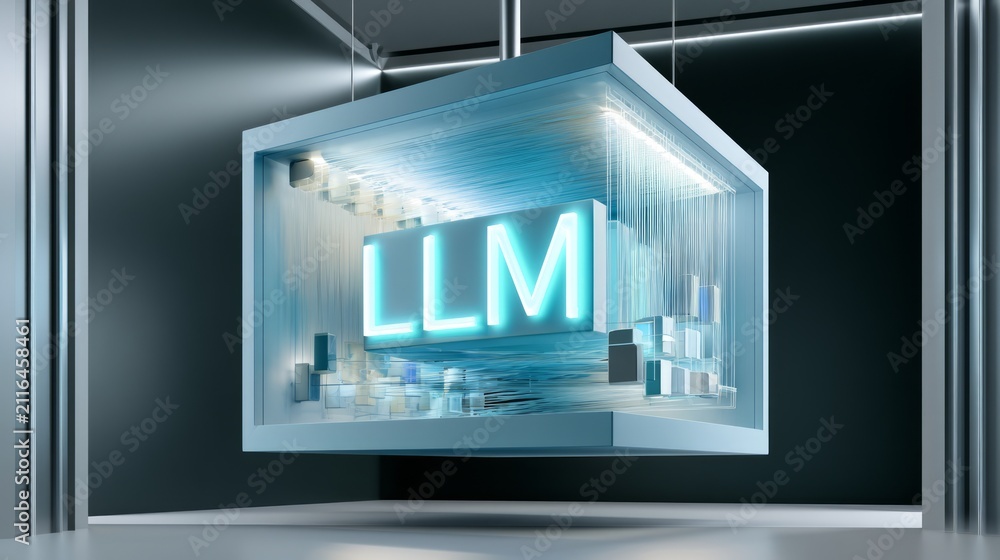 Fototapeta premium Futuristic glowing LLM letters inside suspended transparent box with digital glow