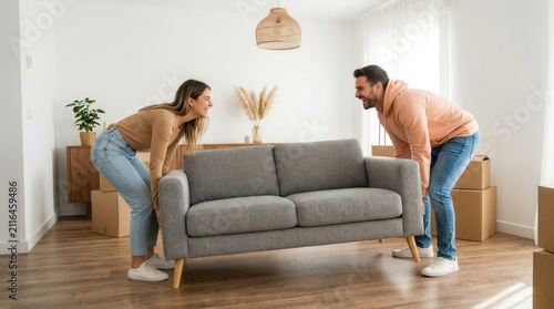 A young couple carries a sofa in a room during their moving day