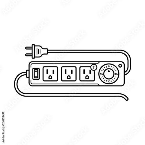 Power strip with built in timer and surge protector black and white line art vector icon illustration