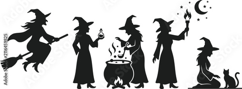 Foto Black silhouettes of five witches with broomsticks potions and a cat against a w