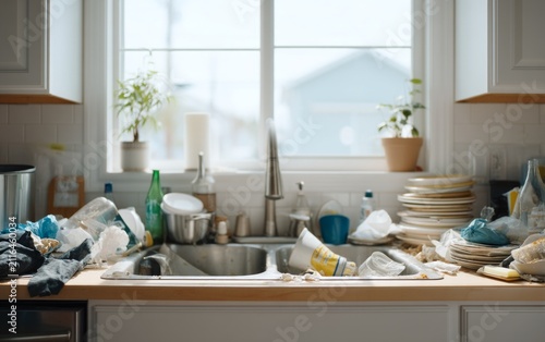 Messy kitchen sink overflowing with dirty dishes and garbage in bright room