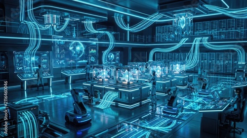A sophisticated digital laboratory environment featuring advanced artificial intelligence infrastructure with interconnected glowing neural network cables