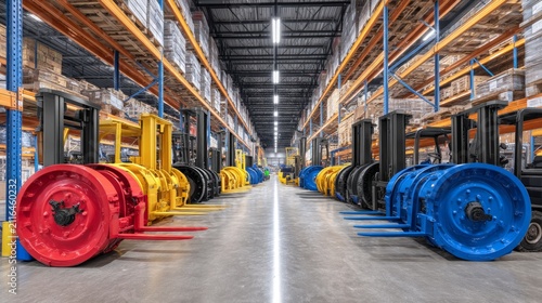 Industrial warehouse interior with heavy machinery parts and storage racks