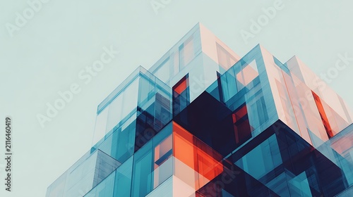 A modern glass building with overlapping reflections and geometric shapes under a pale sky, featuring blue and orange hues.