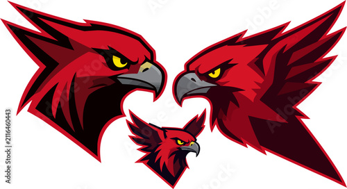 Aggressive red eagle mascot head set, fierce hawk bird of prey vector illustrations, red cardinal sports team logos with sharp feathers and angry eyes