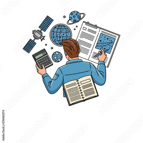 Top-down view of a student studying astronomy, surrounded by space objects, books, and scientific tools in a colorful vector illustration