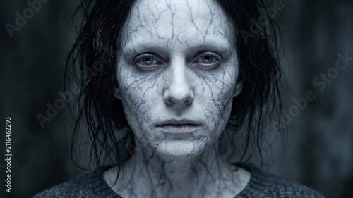Eerie portrait of a zombie pale woman with visible veins on her face and neck, looking directly at the camera