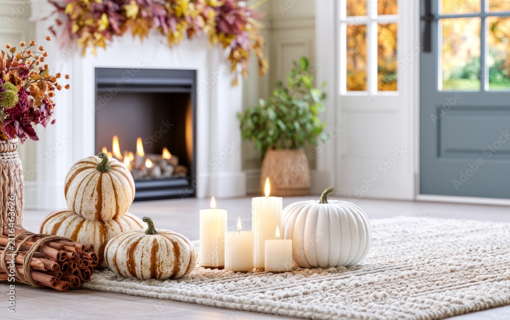 Obraz premium Cozy indoor autumn scene with pumpkins candles and fireplace for fall decorating