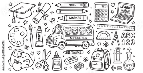 Back to School Education Doodle Icons Set with School Supplies Outline Vector Clipart Collection