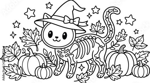 Bild auf Leinwand Cute cat skeleton character dressed as a witch with a hat and magic wand surroun