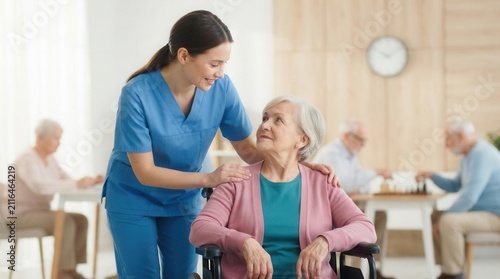 Nurses providing supportive assistance to elderly people in a retirement home setting