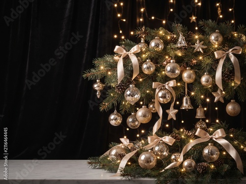 Christmas Tree With Ornaments And Lights Festive Holiday Scene