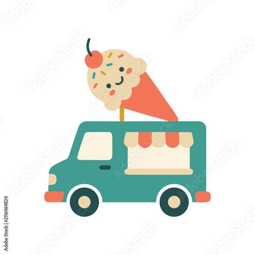 Cute Ice Cream Truck with Smiling Cone, Summer Treat, Kawaii Style