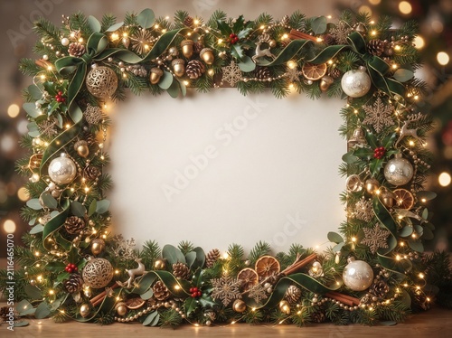 Christmas Border Frame With Ornaments And Greenery Festive Photo