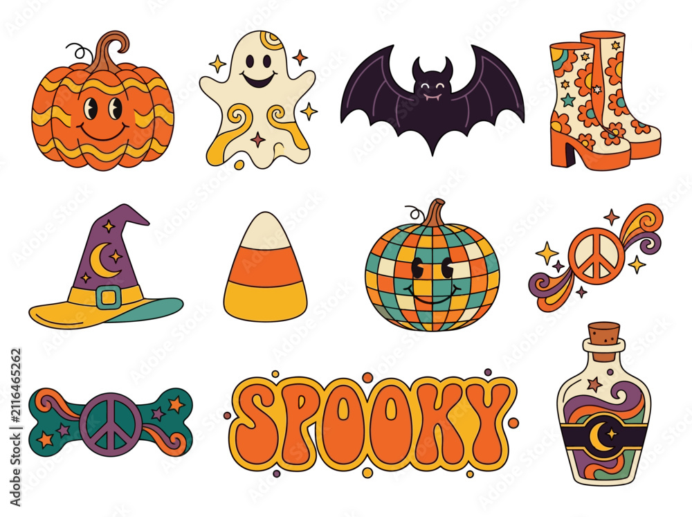 Fototapeta premium Retro Halloween Sticker Set with Groovy Pumpkin and Spooky Icons Vector