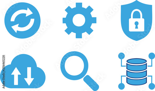 Konstfotografi Set of six blue technology and security including sync, gear, shield, cloud, sea