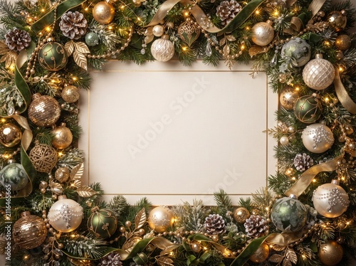 Christmas Ornament Frame With Pine Branches And Golden Ribbons Festive Scene