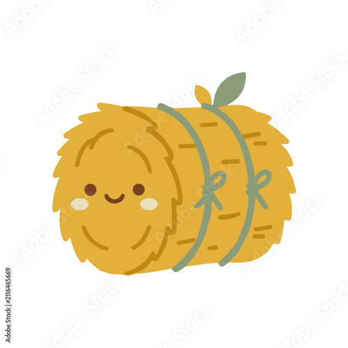 Cute Kawaii Hay Bale Character with Smiling Face and Green Leaves
