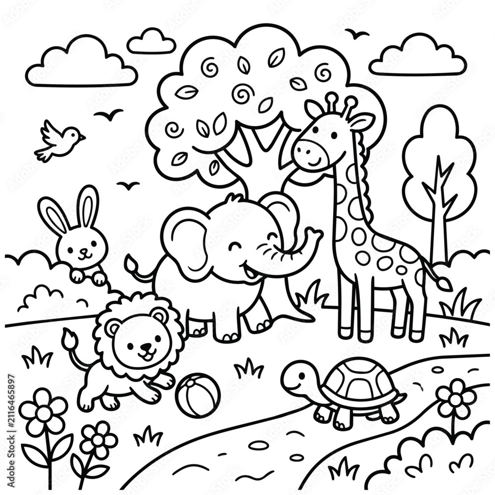 Obraz premium Cute Safari Animals Coloring Page for Kids with Elephant Giraffe Tortoise