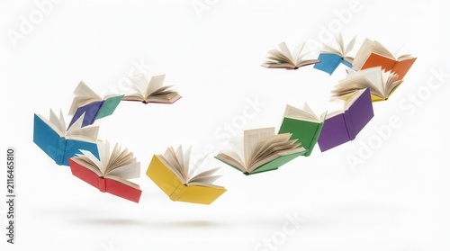A collection of colorful hardcover books flying against a white background