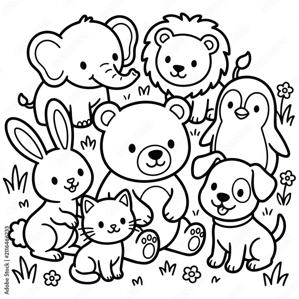 Naklejka premium Cute Cartoon Animal Group Coloring Page for Kids and Fun Activities