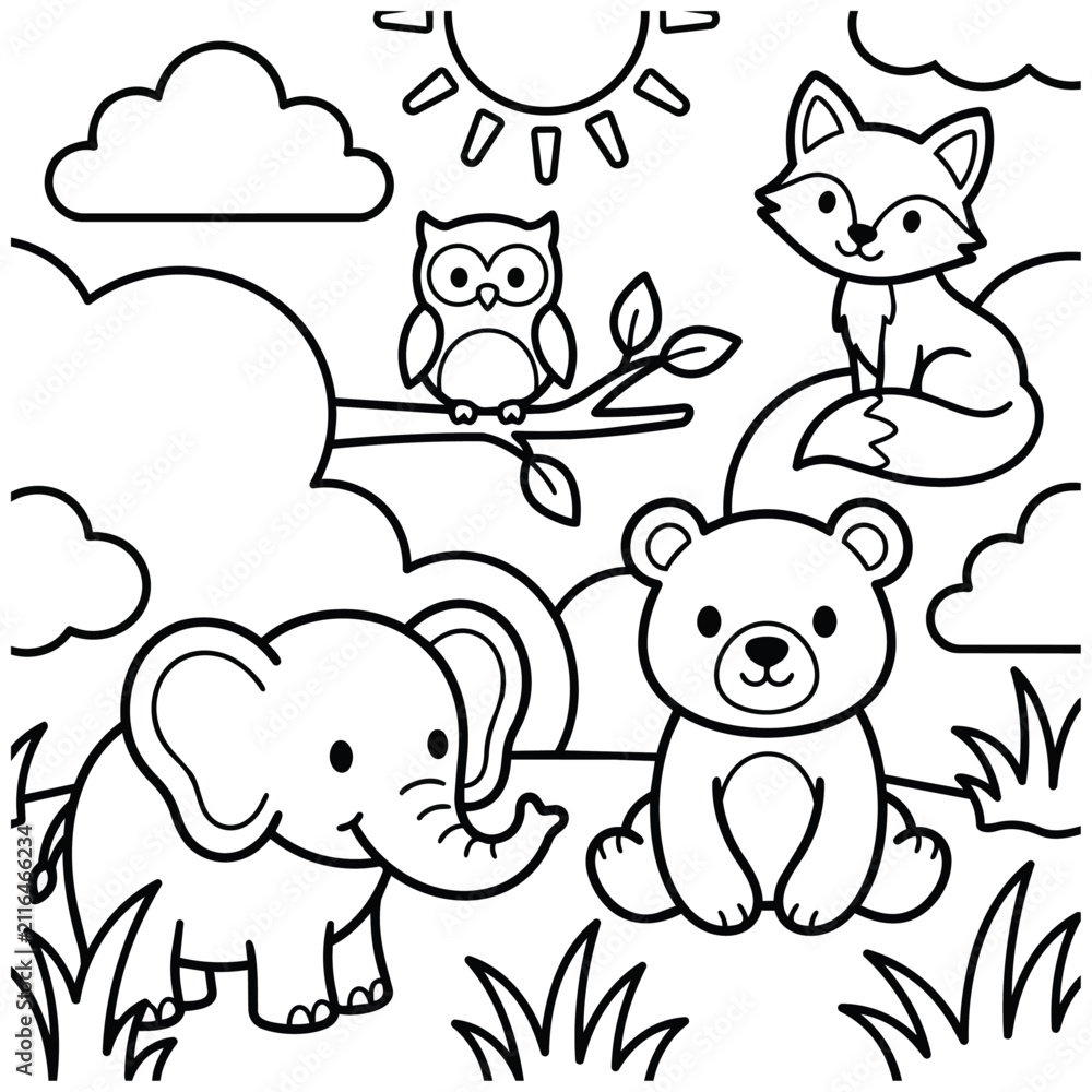 Fototapeta premium Cute Animal Coloring Page with Elephant Fox Bear and Owl