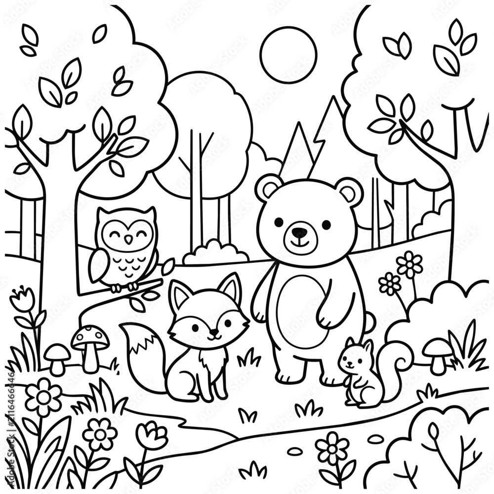 Fototapeta premium Cute Woodland Animal Coloring Page with Forest Background