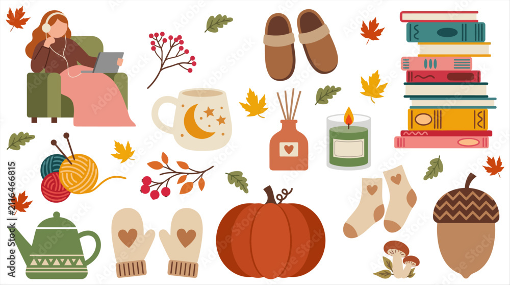 Fototapeta premium Cozy autumn lifestyle vector collection featuring fall icons like pumpkins, books, tea, and warm seasonal elements for comfortable home aesthetic