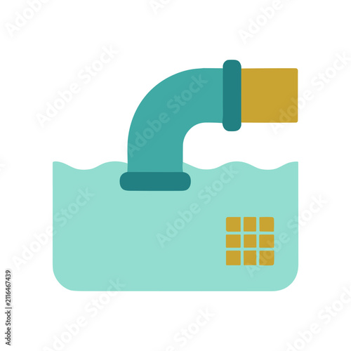 фотографія Water pipe draining into liquid with grid filter, flat icon illustration