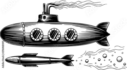 фотографія 泡と動きの線を伴う、水中で魚雷を発射する潜水艦のヴィンテージスタイル