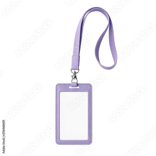 Vertical lilac purple badge holder with a long neck lanyard isolated on white background