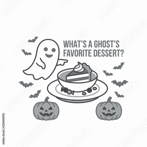 Foto Funny ghost eating cake with Halloween pun riddle text.