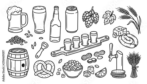 Bild auf Leinwand Hand drawn doodle set of beer related items including mugs bottles barrels pretz