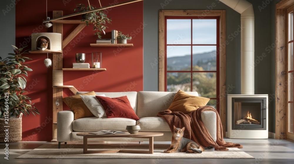Obraz premium Cozy living room interior with modern fireplace and comfortable sofa setup