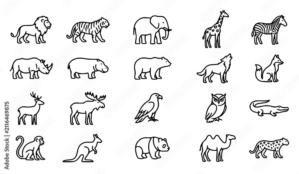 Fototapeta premium Safari Wildlife Animal Outline Collection Featuring Lion Elephant Giraffe Zebra and Deer Vector Illustration