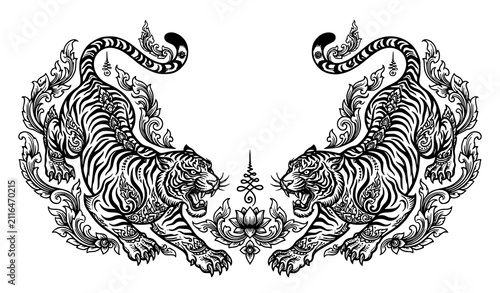 Photography Symmetrical Roaring Tiger Vintage Engraving Illustration Decorative Wildlife Vec