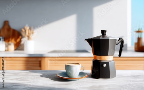 Modern black stovetop coffee maker with ceramic cup on bright kitchen counter