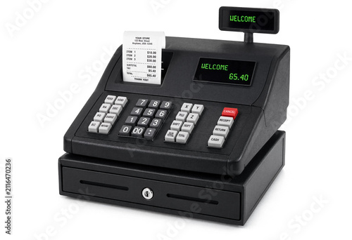 Black cash register with digital display and printed receipt register business checkout
